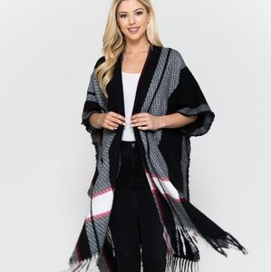 Justin Taylor Black w/Red Plaid Hem Open Front Duster Kimono with Fringe Hem
